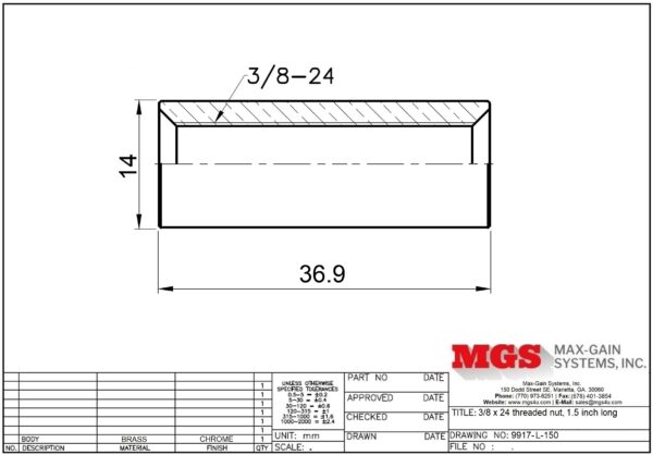 38 x 24 threaded nut 1.5 inch long 9917-L-150 drawing - Max-Gain Systems, Inc.