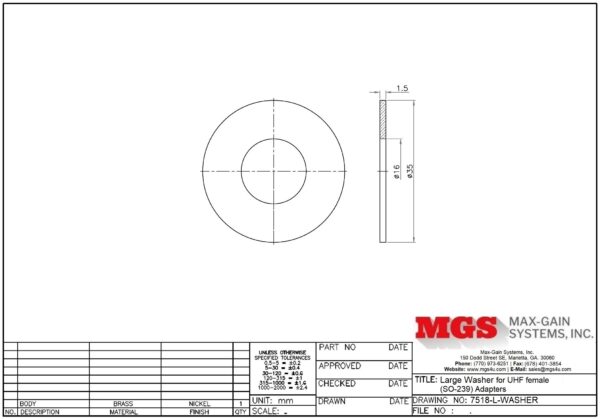 Large Washer for UHF Female (SO-239) Bulkhead Adapters 7518-L-WASHER drawing - Max-Gain Systems, Inc.