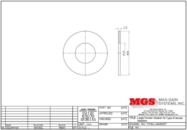 Large Fender Gasket for Type N Female Bulkhead Adapters 7318-L-GASKET drawing - Max-Gain Systems, Inc.