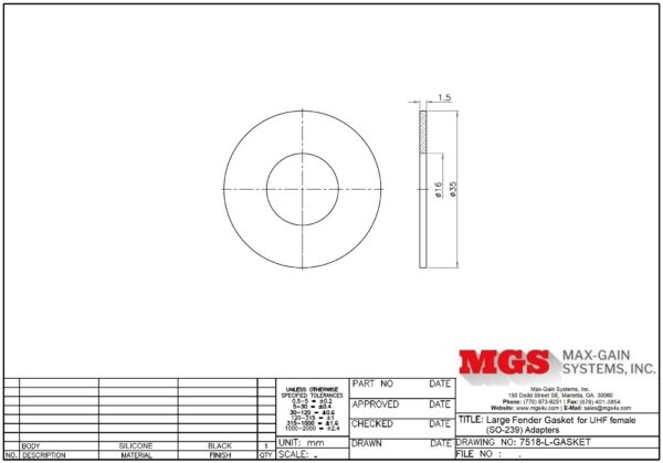 Large Fender Gasket for UHF Female (SO-239) Bulkhead Adapters 7518-L-GASKET drawing - Max-Gain Systems, Inc.