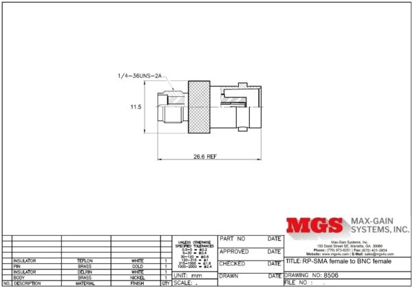 RP-SMA female to BNC female Adapter 8506 Drawing - Max-Gain Systems, Inc.
