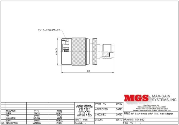 RP-SMA female to RP-TNC male Adapter 8901 Drawing - Max-Gain Systems, Inc.