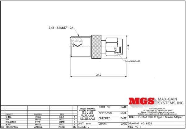 RP-SMA male to Type F female Adapter 8524 Drawing - Max-Gain Systems, Inc.
