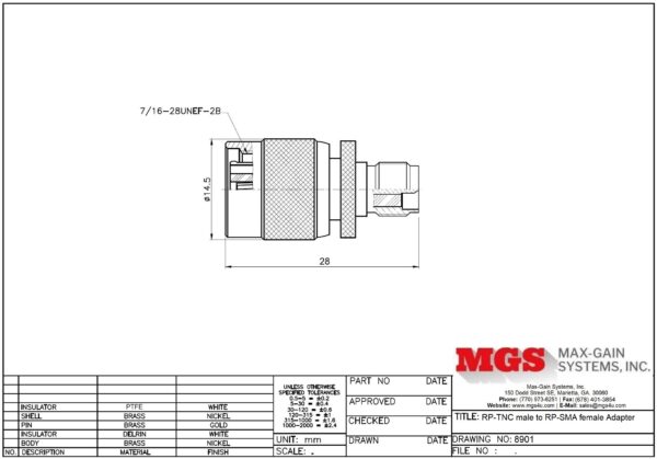 RP-TNC male to RP-SMA female Adapter 8901 Drawing - Max-Gain Systems, Inc.
