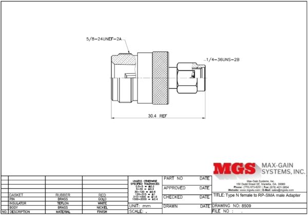 Type N female to RP-SMA male Adapter 8509 Drawing - Max-Gain Systems, Inc.