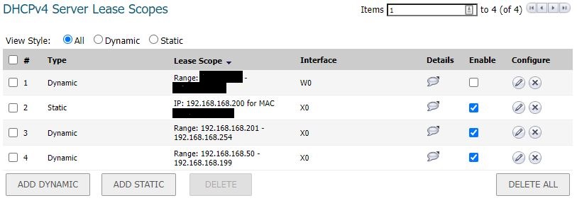 Screenshot from Network Equipment DHCP Server Interface for List IP Address Scopes