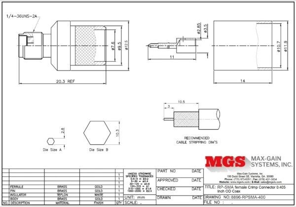 RP-SMA female Crimp On for RG-8, RG-11, RG-83, RG-213, RG-393, LMR-400, and other 0.405 Inch OD Coax 8896-RPSMA-400 Drawing - Max-Gain Systems, Inc.