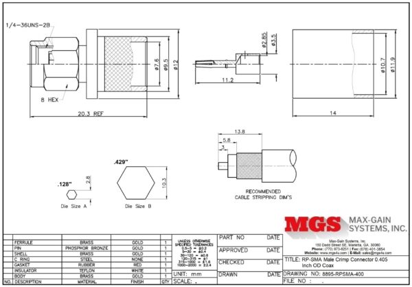 RP-SMA male Crimp On for RG-8, RG-11, RG-83, RG-213, RG-393, LMR-400, and other 0.405 Inch OD Coax 8895-RPSMA-400 Drawing - Max-Gain Systems, Inc.