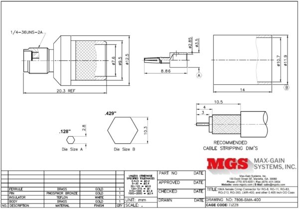 SMA female Crimp On for RG-8, RG-11, RG-83, RG-213, RG-393, LMR-400, and other 0.405 Inch OD Coax 7806-SMA-400 Drawing - Max-Gain Systems, Inc.