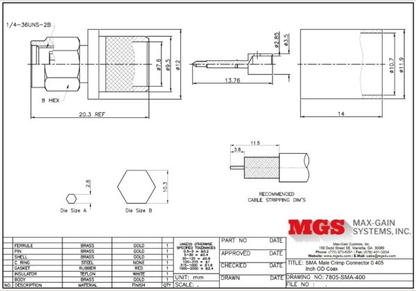 SMA male Crimp On for RG-8, RG-11, RG-83, RG-213, RG-393, LMR-400, and other 0.405 Inch OD Coax 7805-SMA-400 Drawing - Max-Gain Systems, Inc.