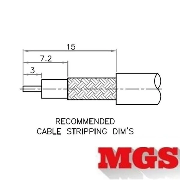 BNC male Crimp On for RG-174, RG-316, LMR-100A, and other 0.100 Inch OD Coax 7005-BNC-174 Coax Stripping Dimensions - Max-Gain Systems, Inc.