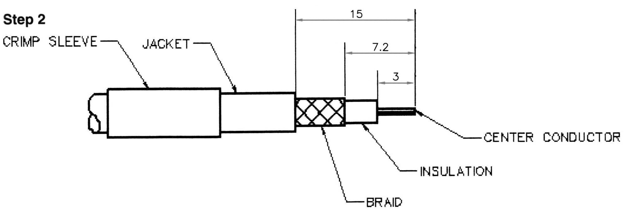 BNC male Crimp On for RG-174, RG-316, LMR-100A, and other 0.100 Inch OD Coax 7005-BNC-174 Installation Guide step 2 - Max-Gain Systems, Inc.