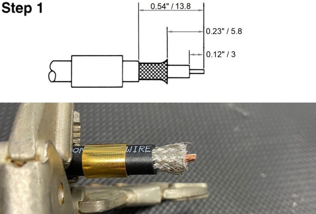 RP-SMA Male Crimp Connector for RG-8, RG-11, RG-83, RG-213, RG-393, LMR-400, and other 0.390 and 0.405 Inch OD Coax 8895-RPSMA-400 installation guide drawing step 1 dimensions real world job - Max-Gain Systems Inc
