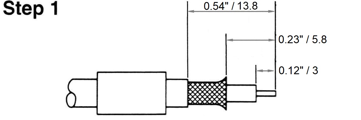 RP-SMA Male Crimp Connector for RG-8, RG-11, RG-83, RG-213, RG-393, LMR-400, and other 0.390 and 0.405 Inch OD Coax 8895-RPSMA-400 installation guide drawing step 1 - Max-Gain Systems Inc