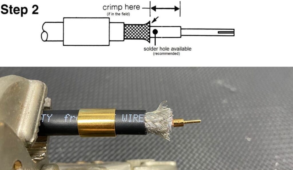 RP-SMA Male Crimp Connector for RG-8, RG-11, RG-83, RG-213, RG-393, LMR-400, and other 0.390 and 0.405 Inch OD Coax 8895-RPSMA-400 installation guide drawing step 2 real world job - Max-Gain Systems Inc