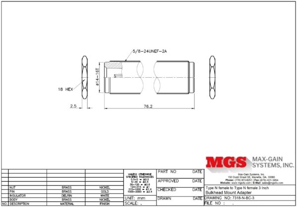 Type N female to Type N female 3 inch Bulkhead Mount Adapter 7318-N-BC-3 Drawing - Max-Gain Systems Inc