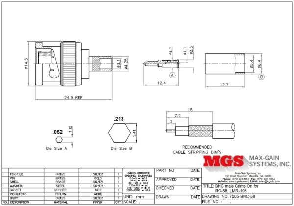 BNC male Crimp On for RG-58, LMR-195 7005-BNC-58 Drawing - Max-Gain Systems Inc