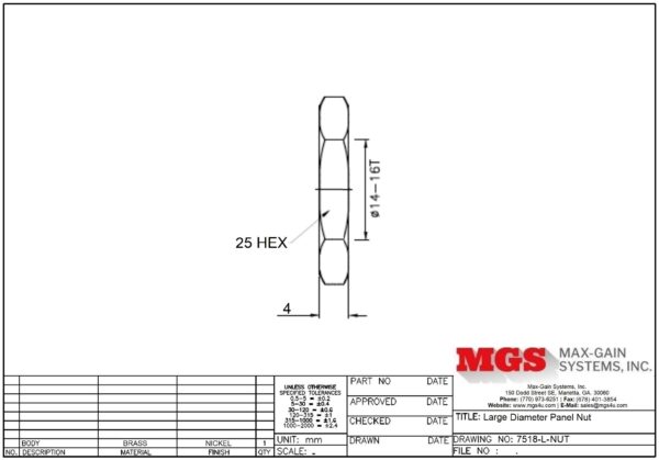 Large Diameter Panel Nut 7518-L-NUT drawing - Max-Gain Systems Inc