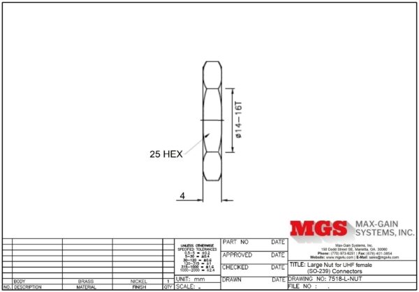 Large Nut for UHF Female (SO-239) Bulkhead Connectors 7518-L-NUT drawing - Max-Gain Systems Inc
