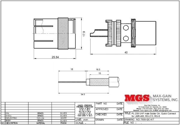 PL-259 UHF male Solder On, Quick Connect for LMR-400, RG-213, RG-8 7500-QC-KIT Drawing - Max-Gain Systems Inc
