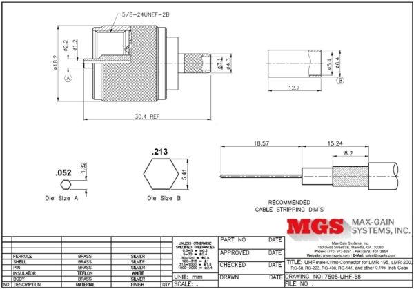 UHF male Crimp On for RG-58, LMR-195 7505-UHF-58 Drawing - Max-Gain Systems Inc