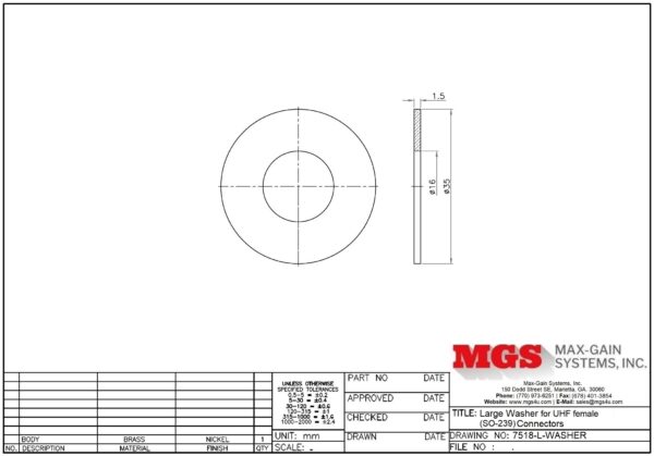 Large Washer for UHF Female (SO-239) Bulkhead Connectors 7518-L-WASHER drawing - Max-Gain Systems, Inc.