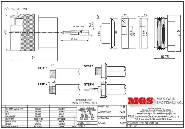 Type N male Clamp Connector for RG-8, RG-11, RG-83, RG-213, RG-393, LMR-400, and other 0.405 Inch OD Coax 7304-CS-400 Drawing - Max-Gain Systems Inc