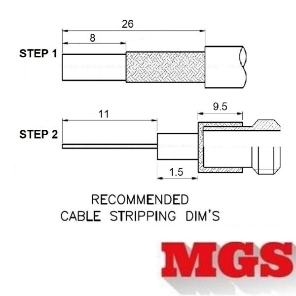 Type N male Solder Connector + UG-174 Reducer Combo for RG-174, RG-316, and LMR-100A Coax 7303-N-174 Coax Stripping Dimensions - Max-Gain Systems Inc