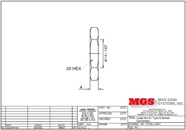 Large Nut for Type N Female Connectors 7318-L-NUT drawing - Max-Gain Systems, Inc.