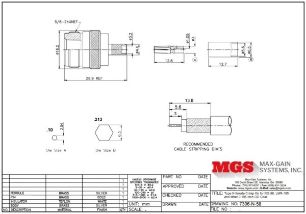 Type N female Crimp On for RG-58, LMR-195 7306-N-58 Drawing - Max-Gain Systems, Inc.
