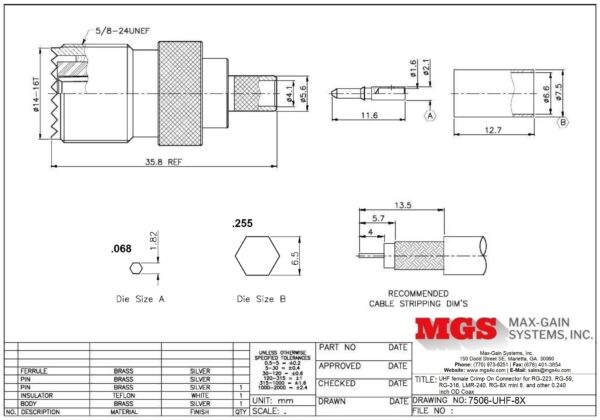 UHF female Crimp On for RG-223, RG-59, LMR-240, RG-8X mini 8, and other 0.240 Inch OD Coax 7506-UHF-8X Drawing - Max-Gain Systems, Inc.