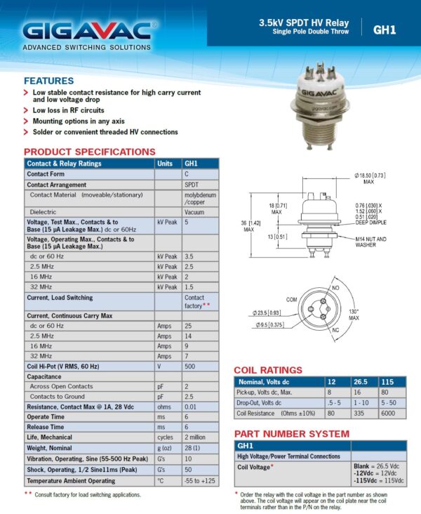 Gigavac GH1 Vacuum Relay Spec and Data Sheet - Max-Gain Systems, Inc.