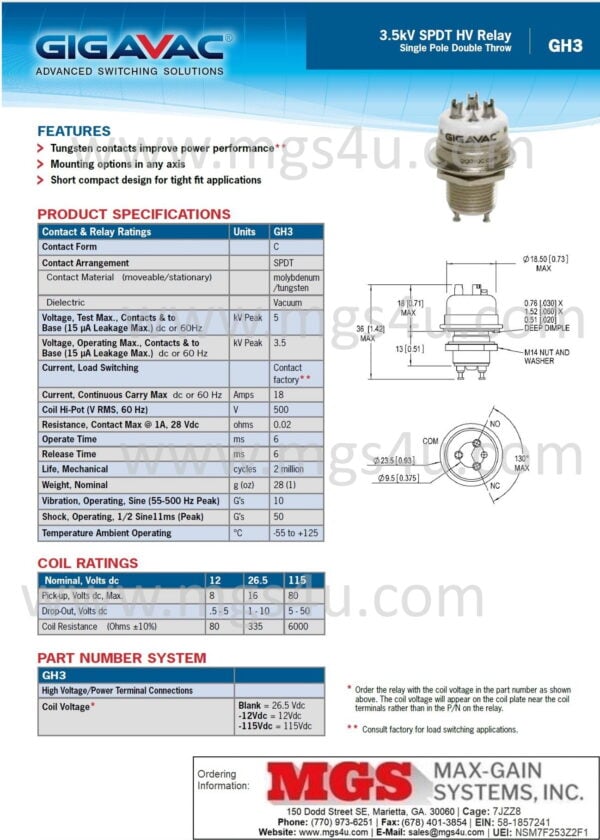 Gigavac GH3 Vacuum Relay Spec and Data Sheet - Max-Gain Systems, Inc.