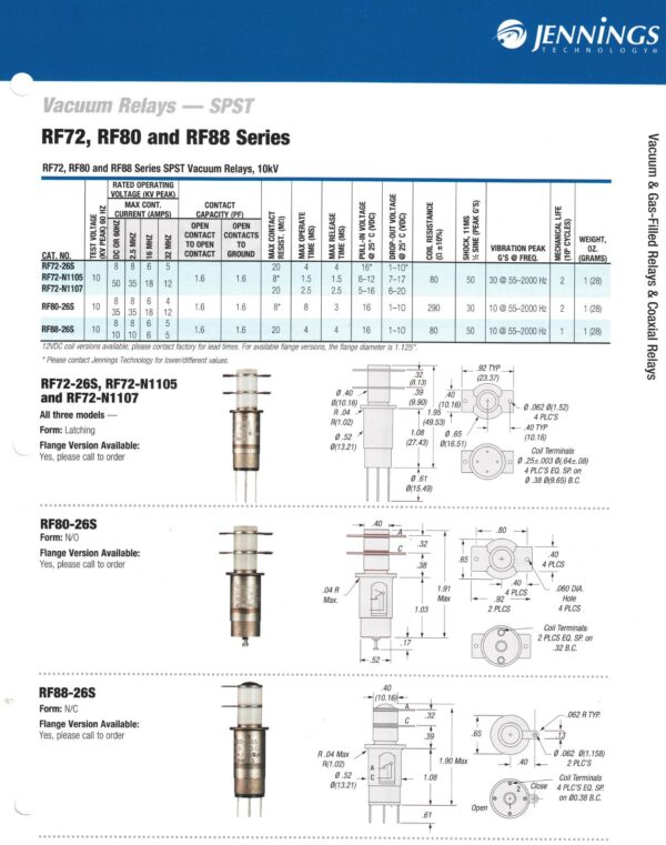 Jennings RF72-26N1107 Vacuum Relay Spec and Data Sheet - Max-Gain Systems, Inc.