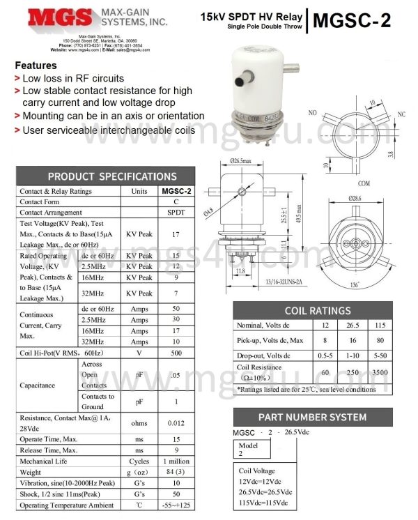 Max-Gain Systems Inc MGSC-2 Vacuum Relay Spec and Data Sheet MGS - Max-Gain Systems, Inc.