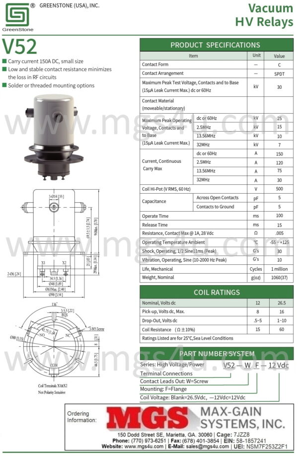 Greenstone V52WF Vacuum Relay Spec and Data Sheet 1 - Max-Gain Systems, Inc.