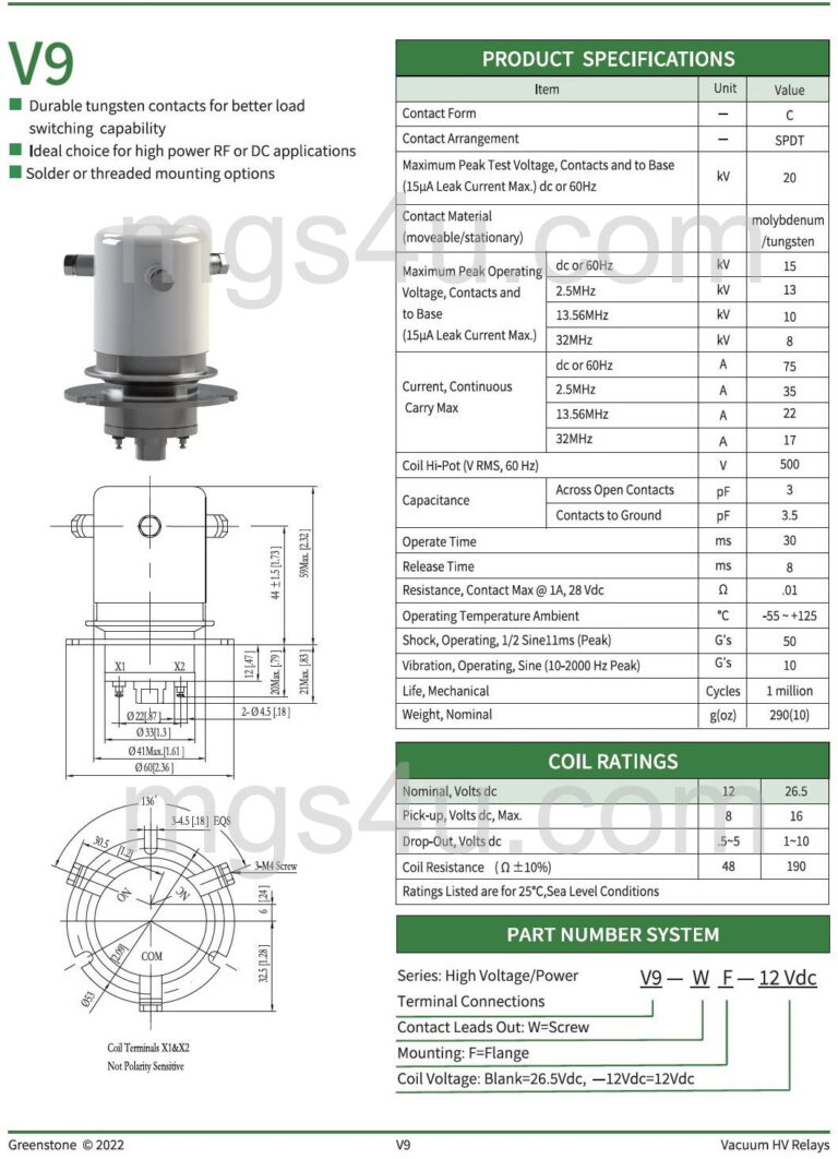15 kV, 20 kV Peak, SPDT, 75 Amps, Greenstone V9WF - NEW Vacuum Relay