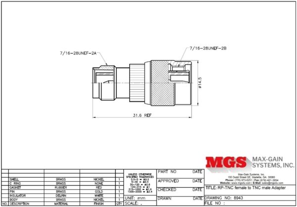 RP-TNC female to TNC male Adapter 8943 Drawing - Max-Gain Systems, Inc.