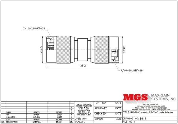 RP-TNC male to RP-TNC male Adapter 8914 Drawing - Max-Gain Systems, Inc.