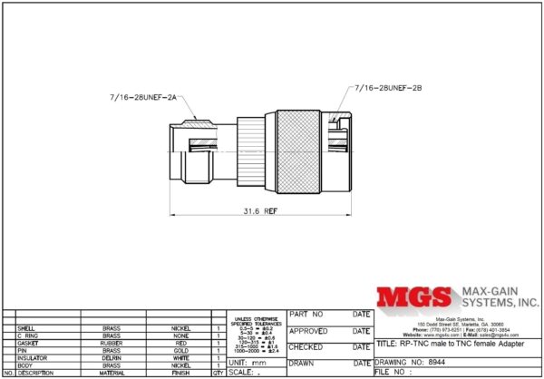 RP-TNC male to TNC female Adapter 8944 Drawing - Max-Gain Systems, Inc.