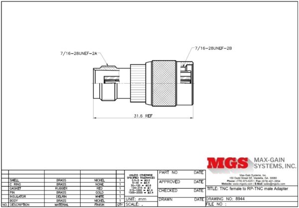 TNC female to RP-TNC male Adapter 8944 Drawing - Max-Gain Systems, Inc.