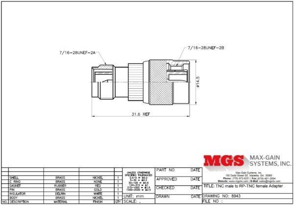 TNC male to RP-TNC female Adapter 8943 Drawing - Max-Gain Systems, Inc.