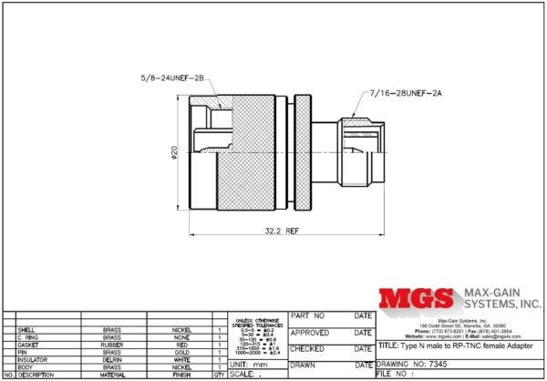Type N male to RP-TNC female Adapter 7345 Drawing - Max-Gain Systems, Inc.