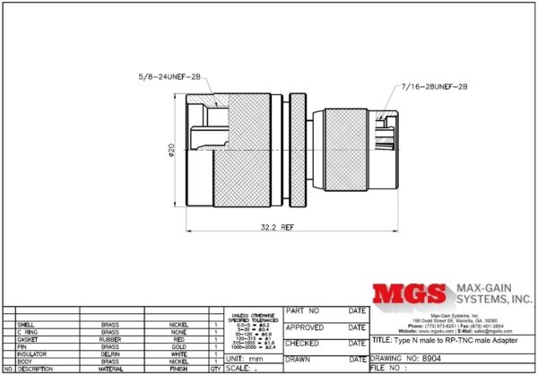 Type N male to RP-TNC male Adapter 8904 Drawing - Max-Gain Systems, Inc.