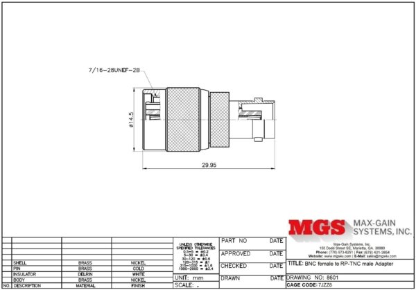 BNC female to RP-TNC male Adapter 8601 Drawing - Max-Gain Systems, Inc.
