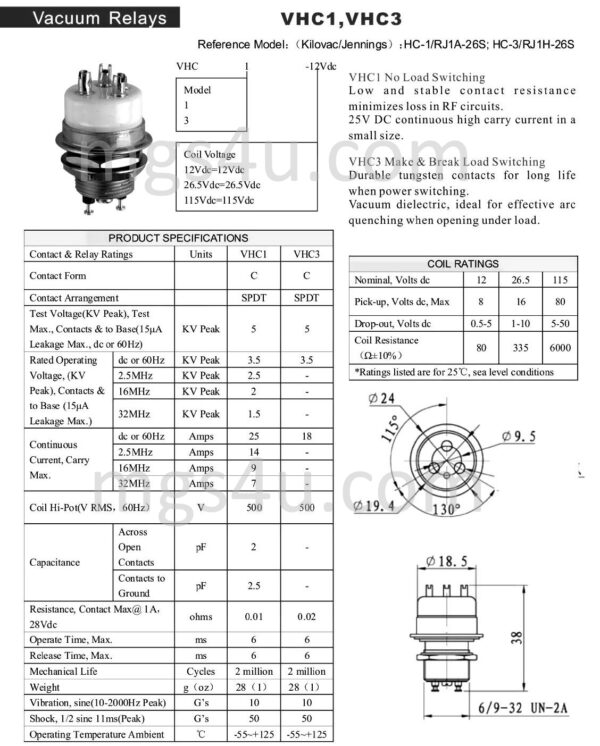 Greenstone VHC-3 Vacuum Relay Spec and Data Sheet 1 - Max-Gain Systems, Inc.