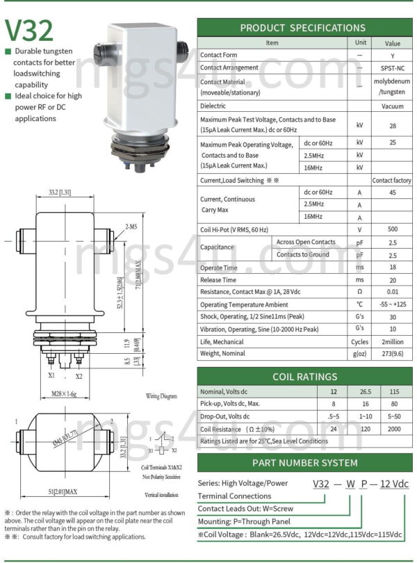 Greenstone V32WP Vacuum Relay Spec and Data Sheet 1 - Max-Gain Systems Inc
