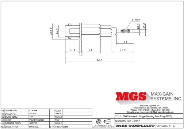 BNC female to Single Binding Post plug (RED) adapter 7119-R Drawing - Max-Gain Systems Inc