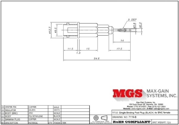 Single Binding Post plug (BLACK) to BNC female adapter 7119-B Drawing - Max-Gain Systems Inc