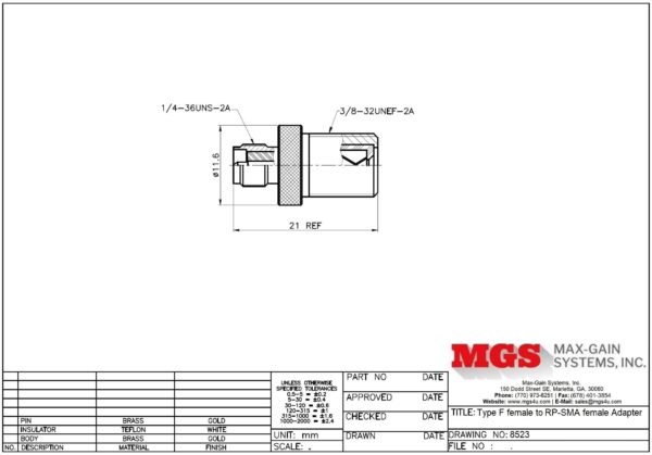 Type F female to RP-SMA female Adapter 8523 Drawing - Max-Gain Systems Inc